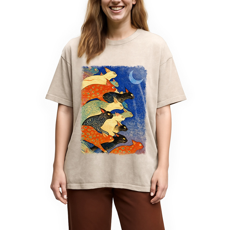 Modecanvas Colorful Flowing Cats Washed T-Shirt