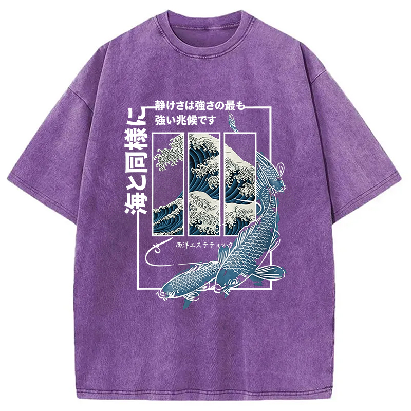 Modecanvas Koi Fish Great Wave DTG Printing Washed T-Shirt