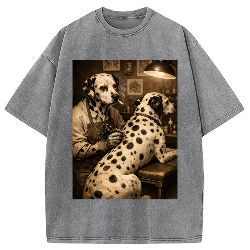 Modecanvas Funny Dalmatian Tattoo Dog DTG Printing Washed T-Shirt