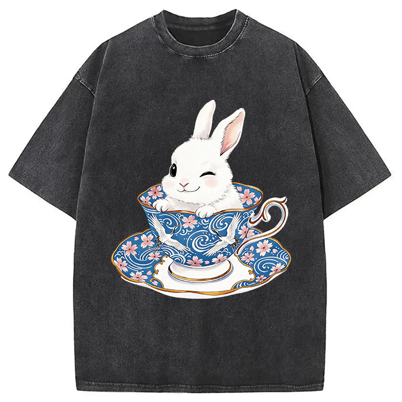 Modecanvas Cute Rabbit Tea Set DTG Printing Washed T-Shirt