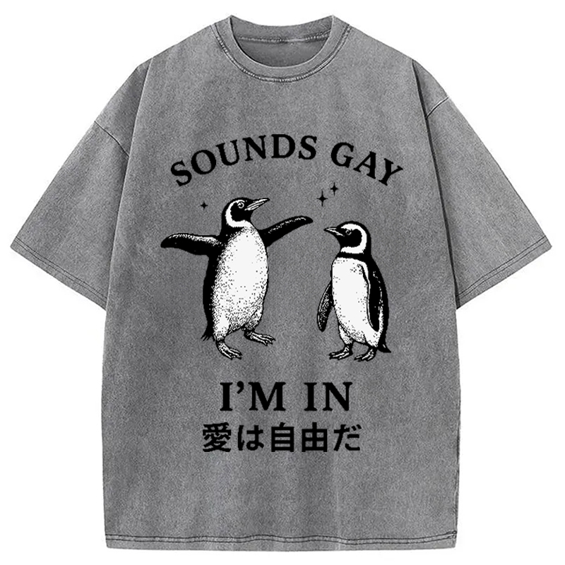 Modecanvas Loving And Free Penguins Washed T-Shirt