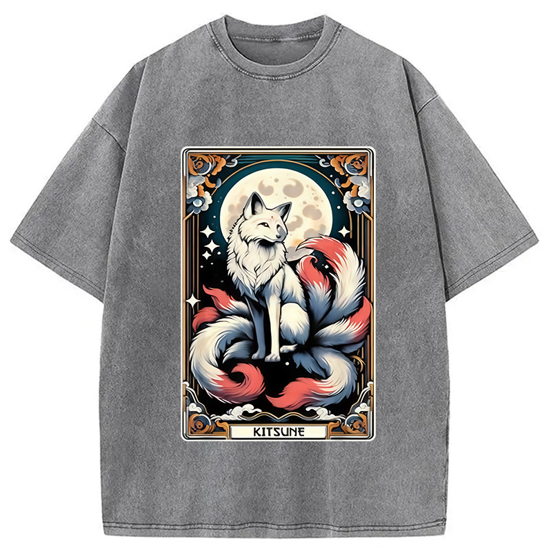 Modecanvas Japanese Kitsune Fox Nine Tailed Fox Tarot Washed T-Shirt