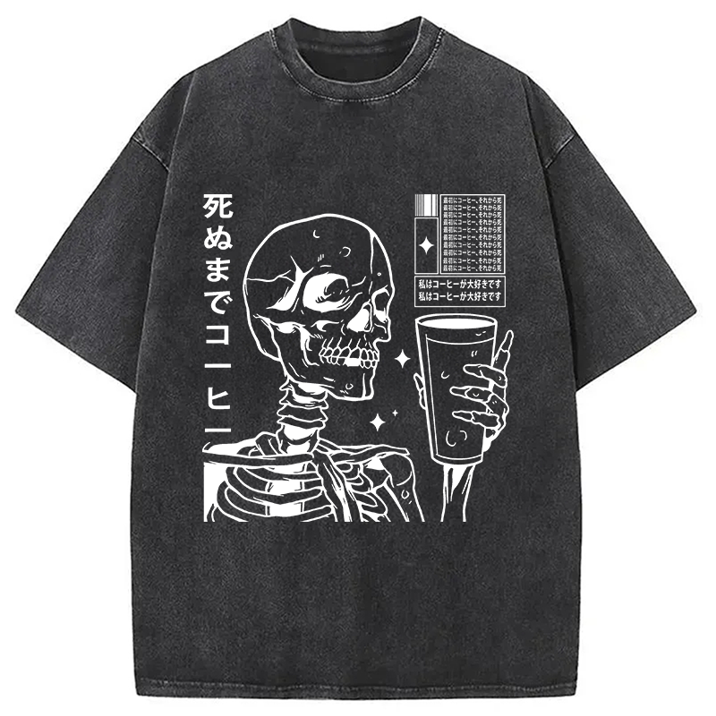 Modecanvas Japanese Skeleton Coffee DTG Printing Washed T-Shirt-modecanvas