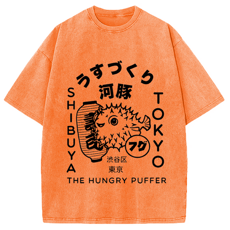 Modecanvas Japonais Puffer Fish DTG Printing Washed T-Shirt