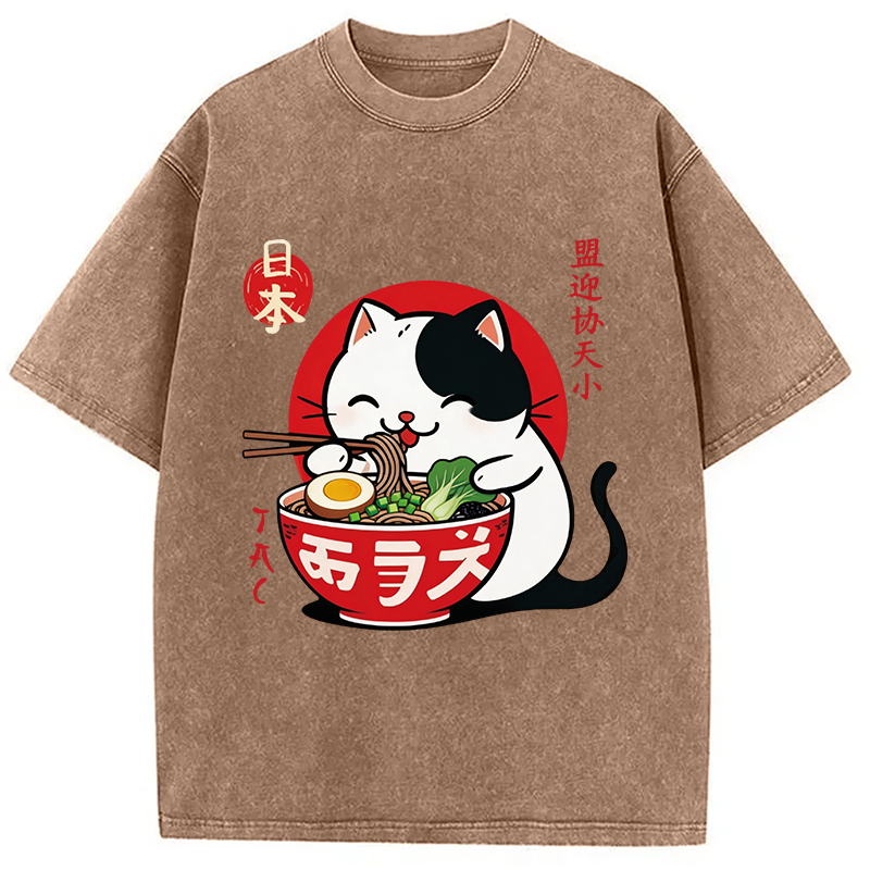 Modecanvas Japanese Ramen Cat DTG Printing Washed T-Shirt