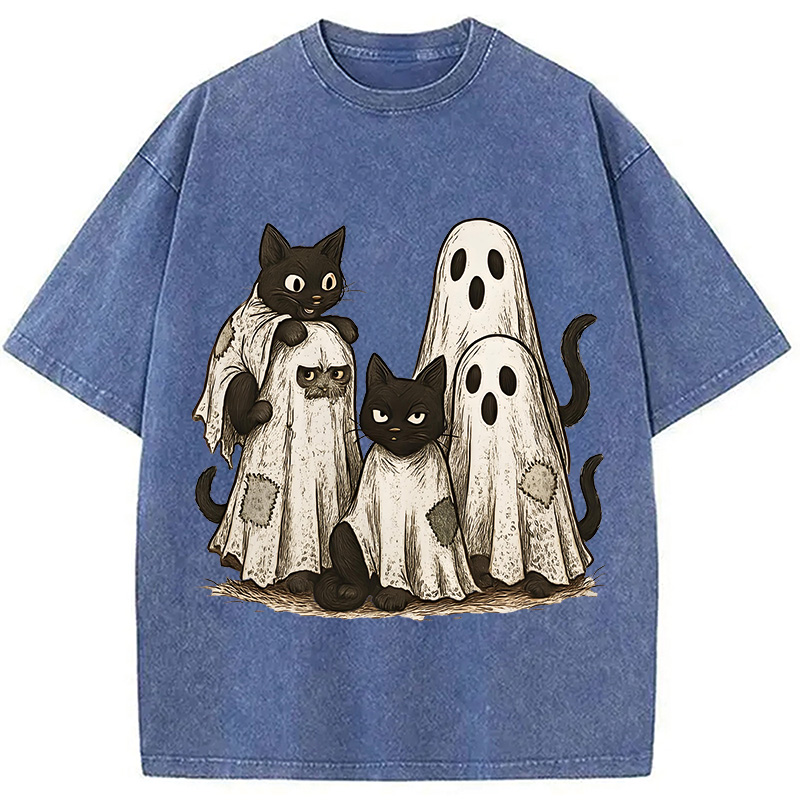 Modecanvas Funny Black Cats Ghost Washed T-Shirt