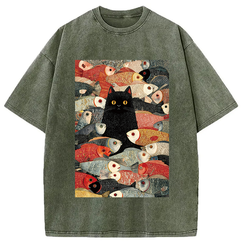 Modecanvas Black Cat Koi Fish Washed T-Shirt-modecanvas