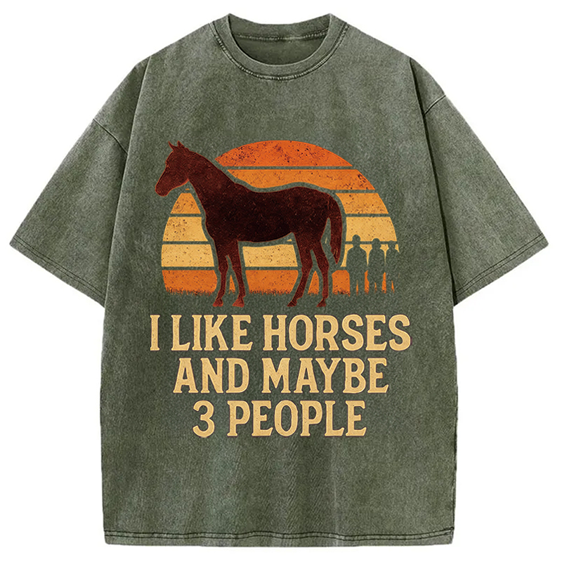 Modecanvas I Like Horse And Maybe 3 People DTG Printing Washed T-Shirt