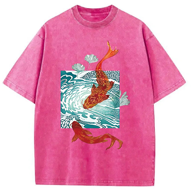 Modecanvas Koi In Wave Patterns DTG Printing Washed T-Shirt