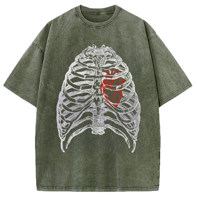 Modecanvas Skeleton Rib Cage Heart DTG Printing Washed T-Shirt-modecanvas