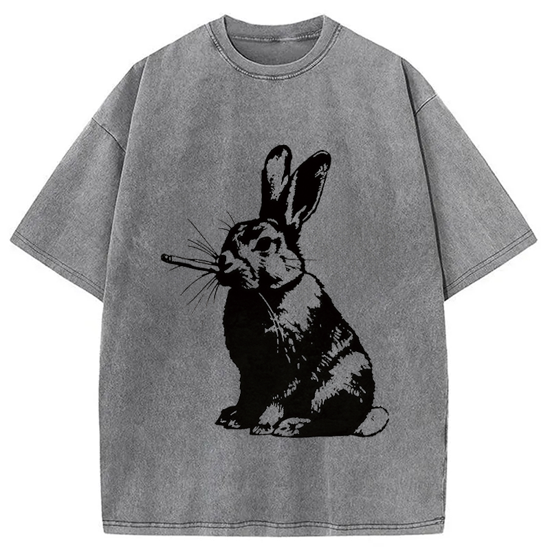 Modecanvas Funny Rabbit Smoking DTG Printing Washed T-Shirt