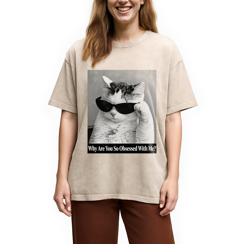 Modecanvas Why Are You So Obsessed WIth Me? Cat Meme DTG Printing Washed T-Shirt