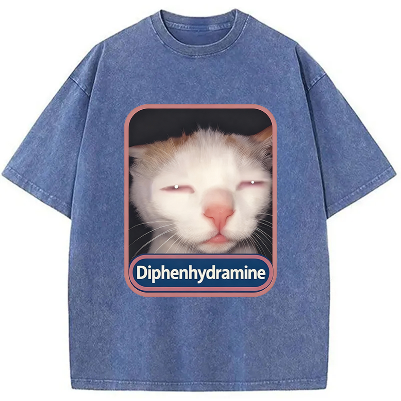 Modecanvas Diphenhydramine Cat Meme Washed T-Shirt-modecanvas
