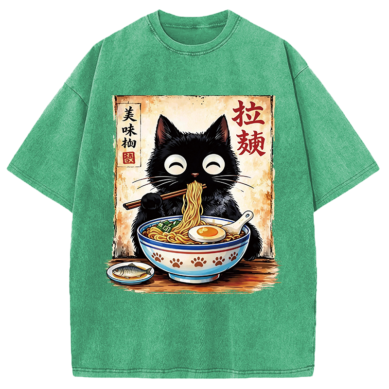 Modecanvas Cute Cat Slurping Ramen DTG Printing Washed T-Shirt