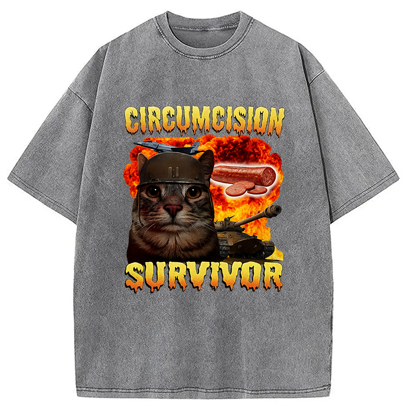 Modecanvas Circumcision Survivor Funny Cat Meme Washed T-Shirt-modecanvas