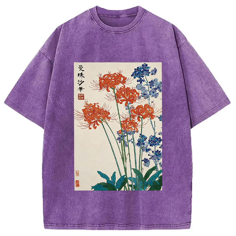 Modecanvas Red Spider Lily Bloom DTG Printing Washed T-Shirt