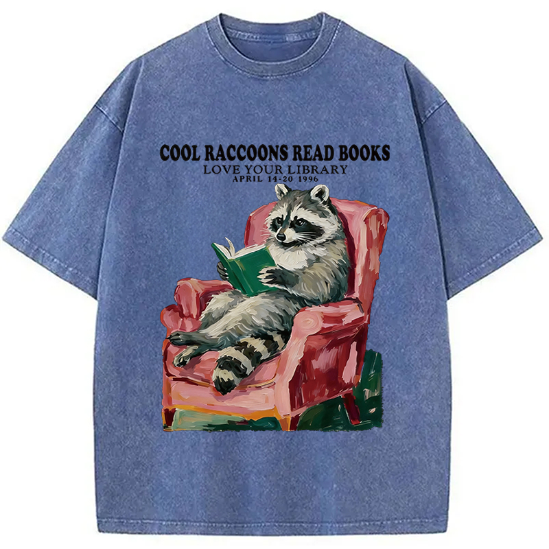 Modecanvas Cool Raccoon Reads DTG Printing Washed T-Shirt-modecanvas
