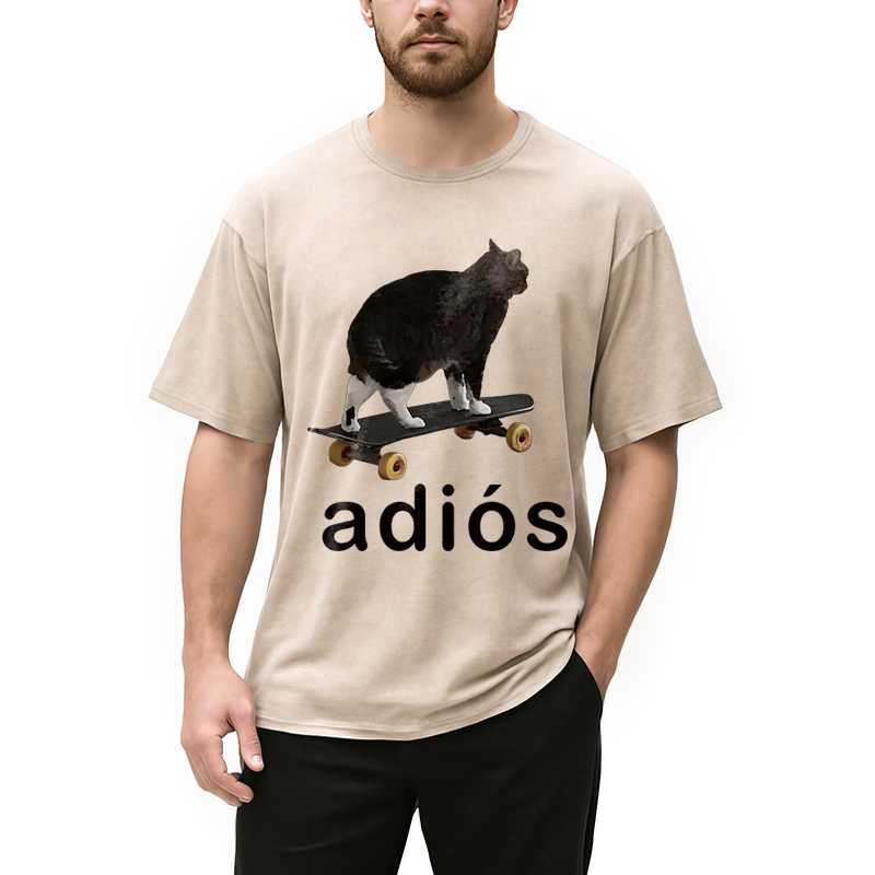 Modecanvas Adios Funny Cat Meme DTG Printing Washed T-Shirt