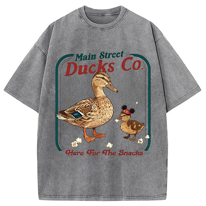 Modecanvas Funny Main Street Ducks Co Here For The Snacks DTG Printing Washed T-Shirt
