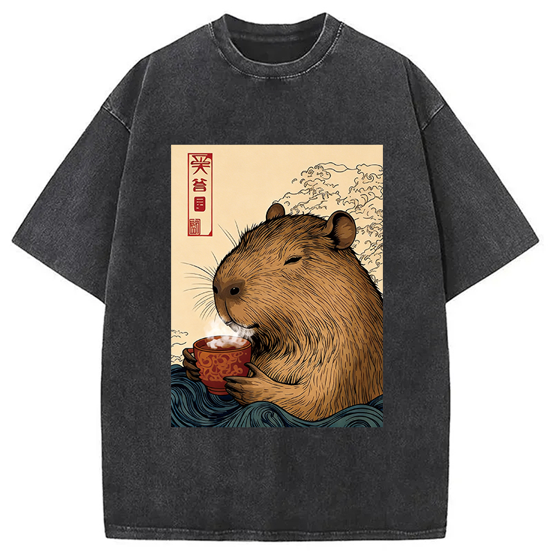 Modecanvas Capybara with Morning Tea DTG Printing Washed T-Shirt