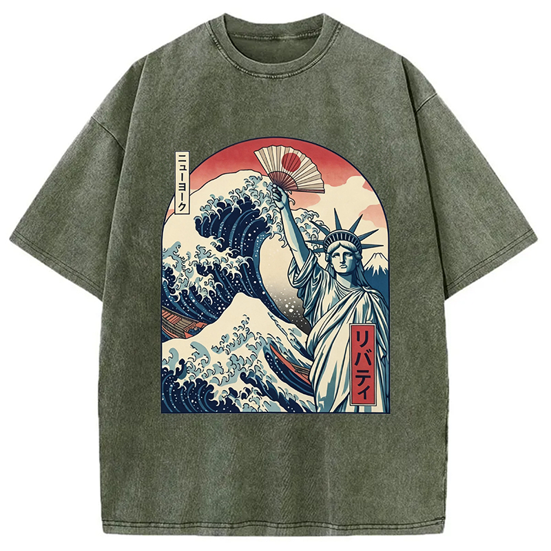 Modecanvas Ukiyo-e Statue Of Liberty DTG Printing Washed T-Shirt