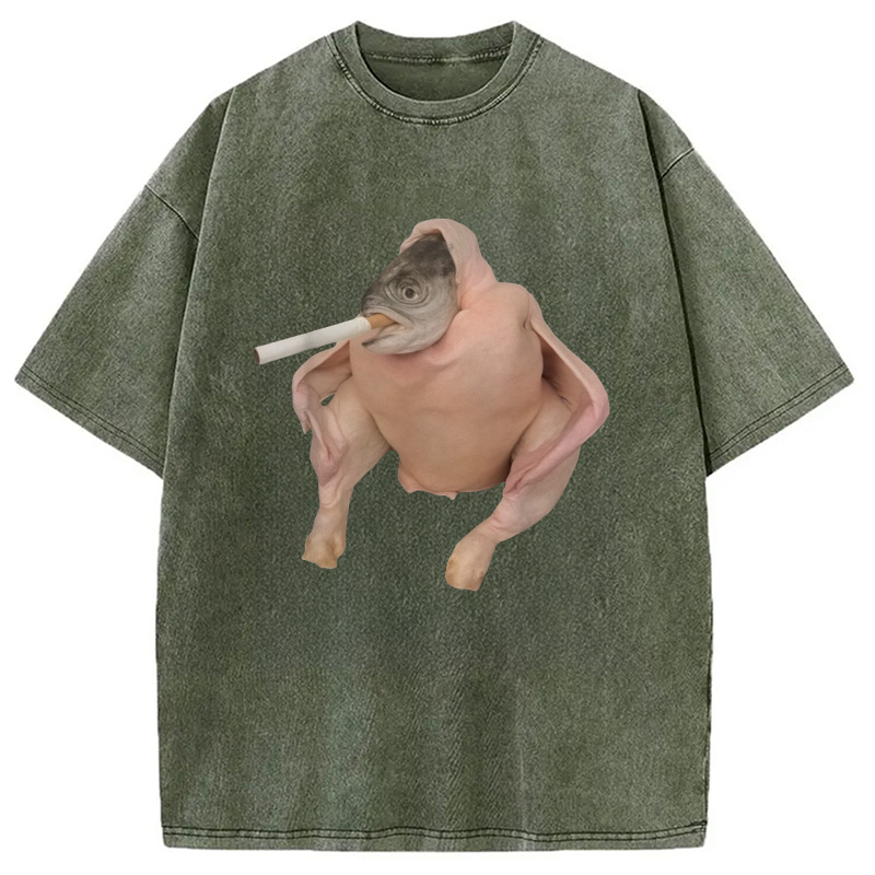 Modecanvas Fish Chicken Face Smoking a Cigarette Funny Meme Washed T-Shirt