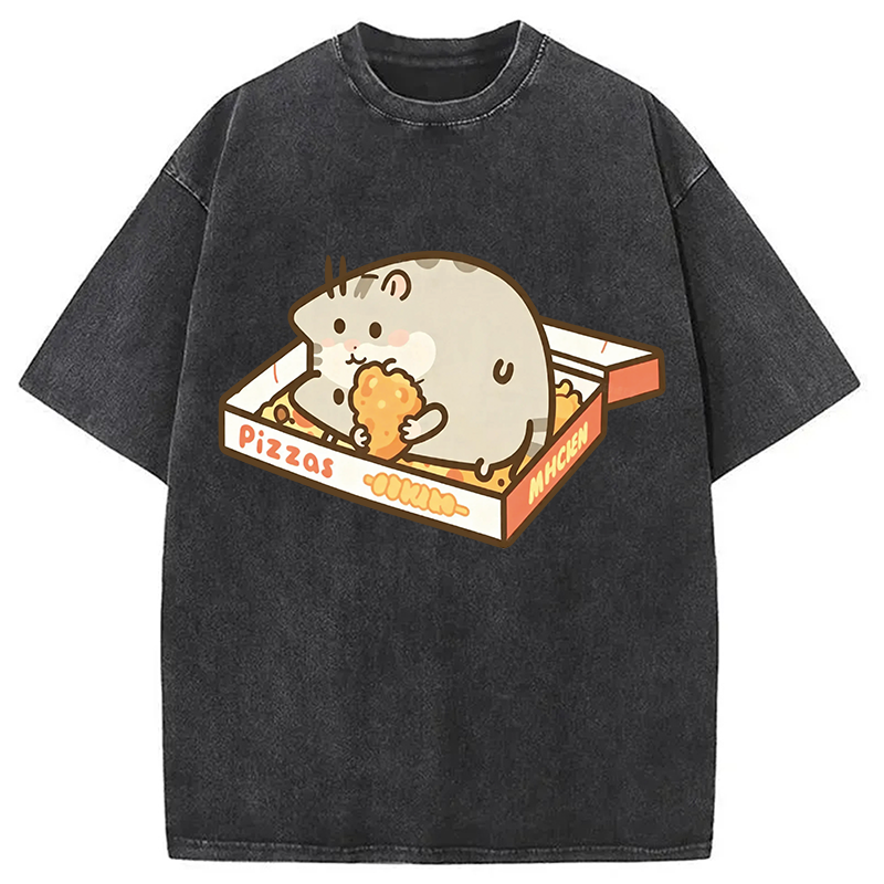 Modecanvas Cute Hamster Pizza DTG Printing Washed T-Shirt