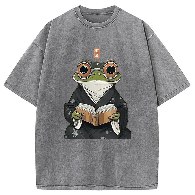 Modecanvas Frog Reading Washed T-Shirt