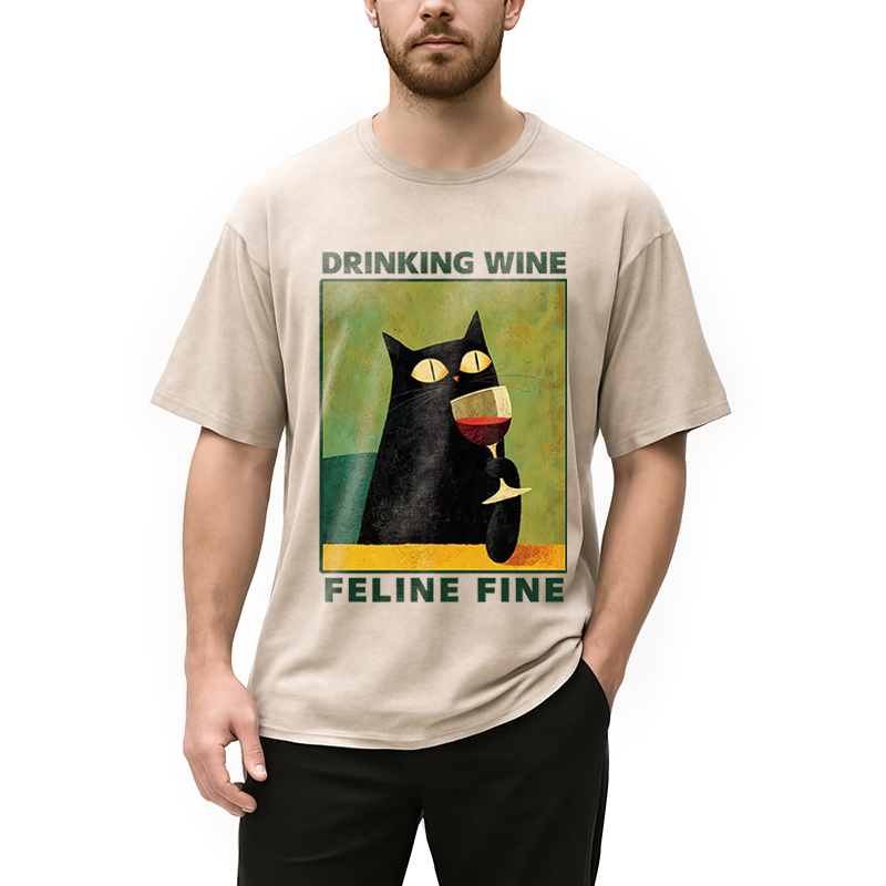 Modecanvas Drinking Wine Feline Wine DTG Printing Washed T-Shirt