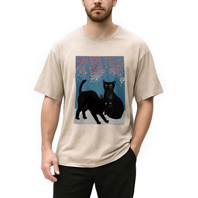 Modecanvas Black Cat Under The Sakura Washed T-Shirt