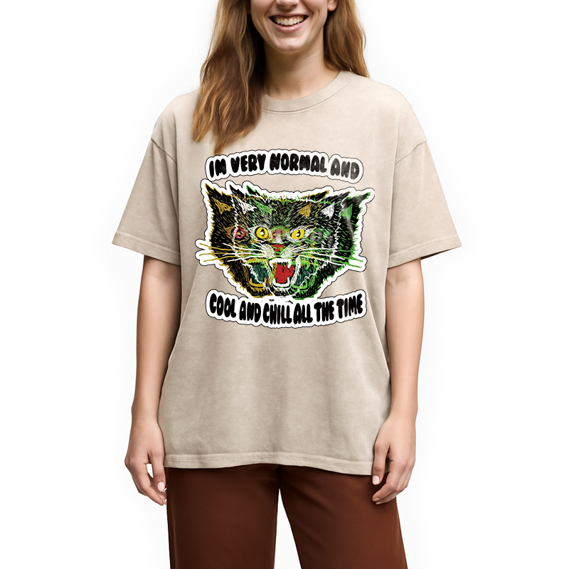 Modecanvas Normal And Chill Cat DTG Printing Washed T-Shirt