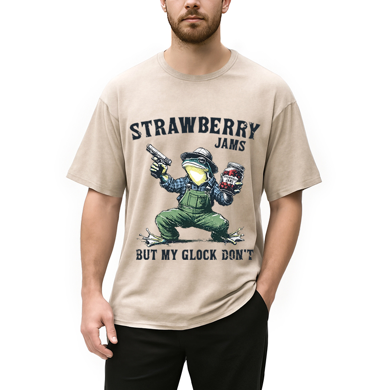 Modecanvas Funny Strawberry Frog Meme DTG Printing Washed T-Shirt