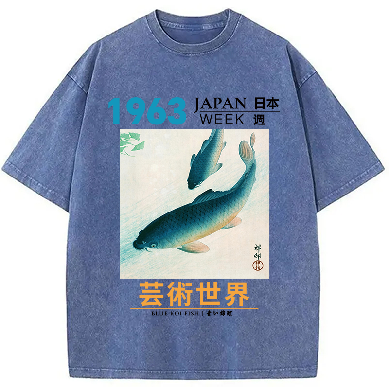 Modecanvas Blue Koi Fish DTG Printing Washed T-Shirt