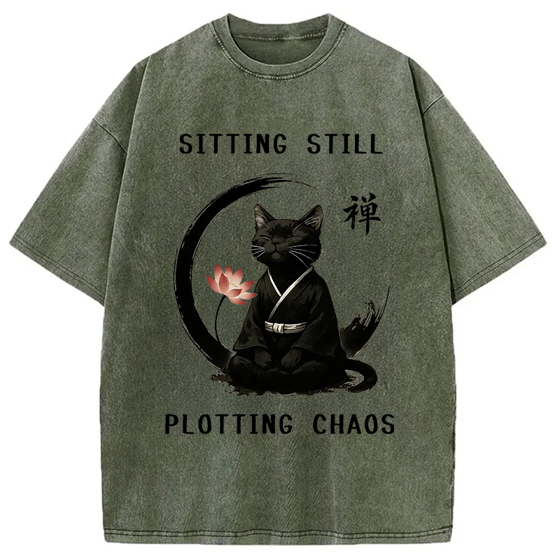 Modecanvas Sitting Calming Zen Cat Washed T-Shirt