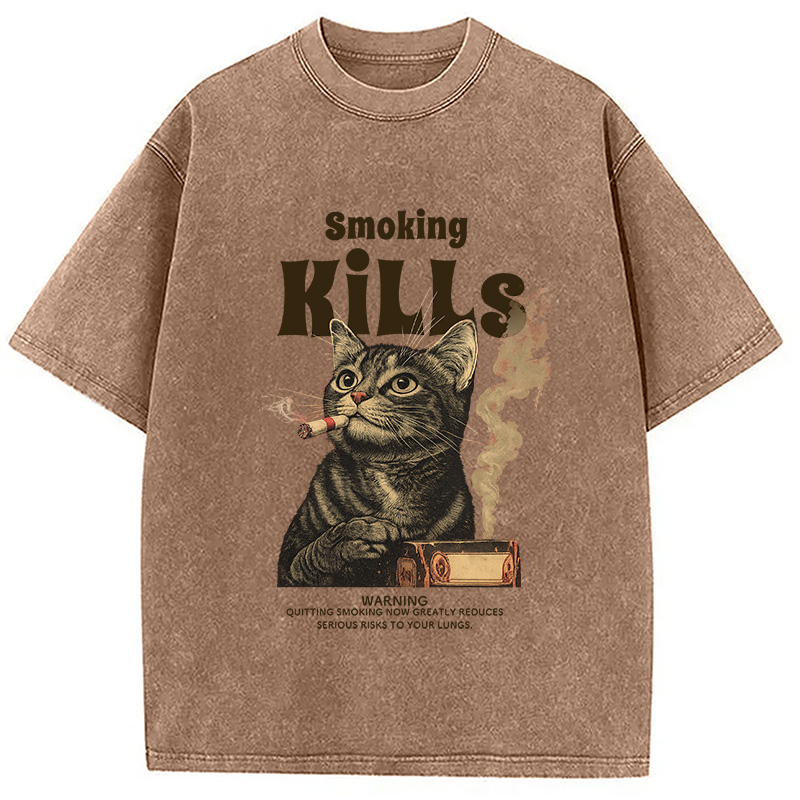 Modecanvas Smoking Mills Cat Meme Washed T-Shirt-modecanvas