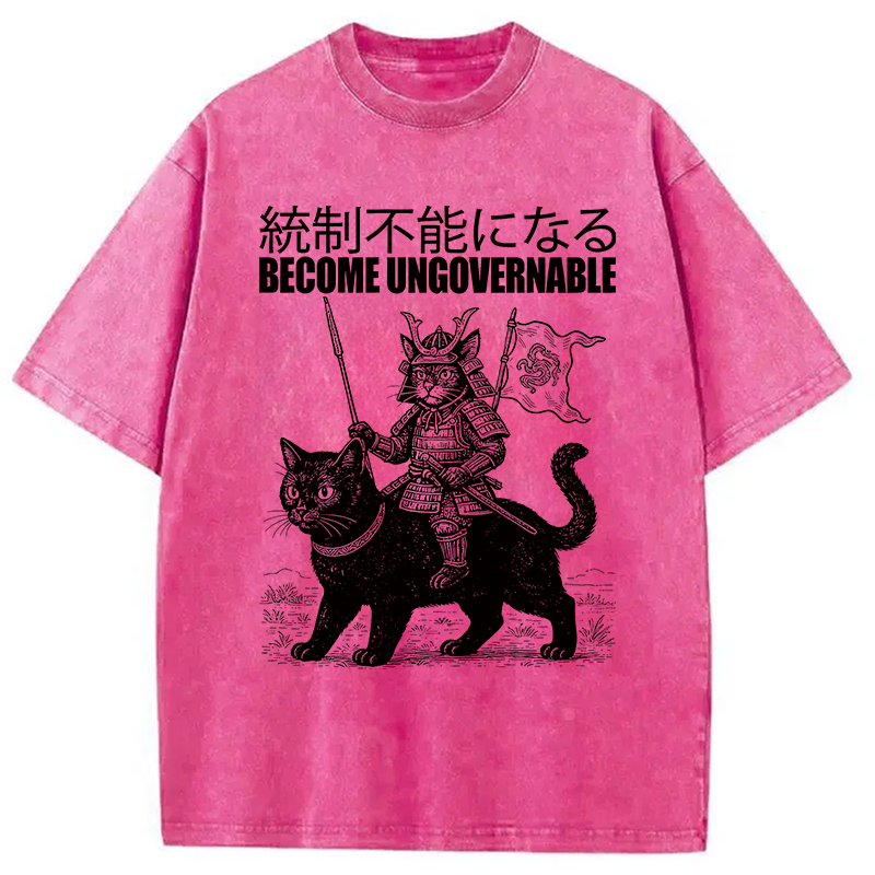 Modecanvas Become Ungovernable Japanese Funny Cat Samurai Riding A Cat DTG Printing Washed T-Shirt-modecanvas