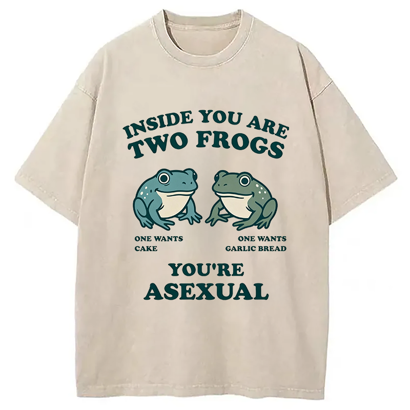 Modecanvas Asexual Garlic Bread and Cake Frog DTG Printing Washed T-Shirt