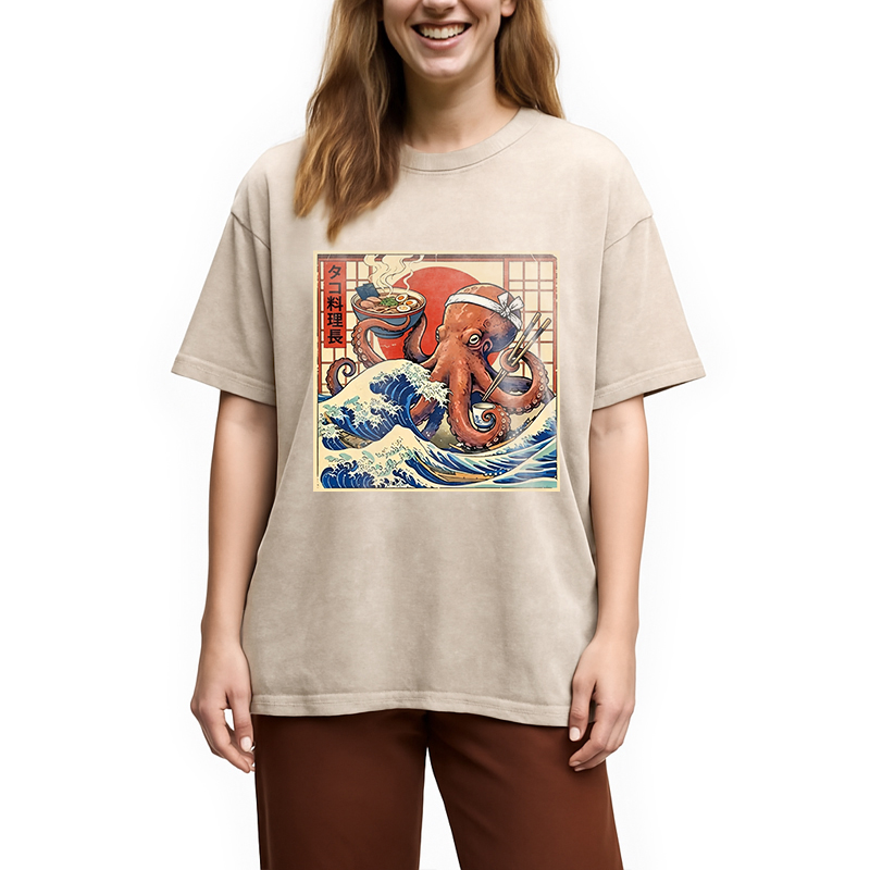 Modecanvas Ukiyo-E Octopus Ramen DTG Printing Washed T-Shirt
