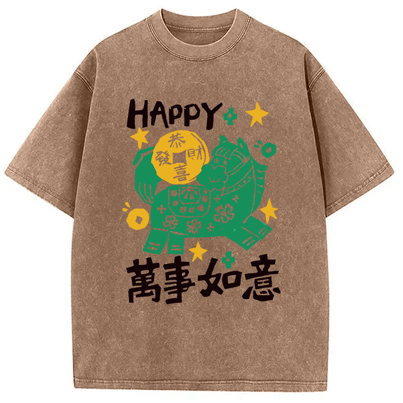 Modecanvas Happy Horse Best Wishes DTG Printing Washed T-Shirt-modecanvas
