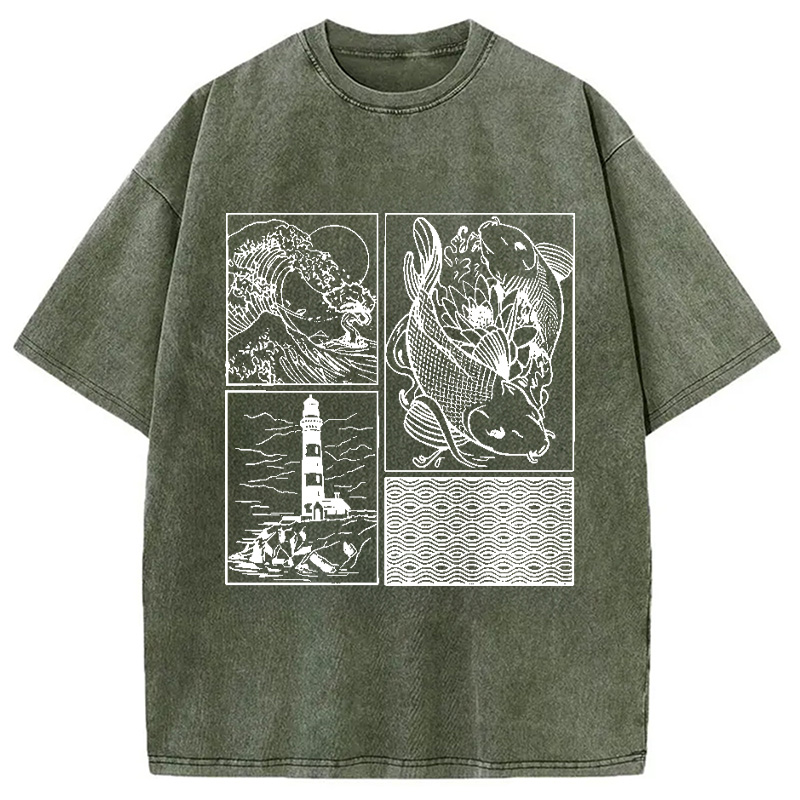 Modecanvas Vintage Minimalist Marine Life Japan Washed T-Shirt