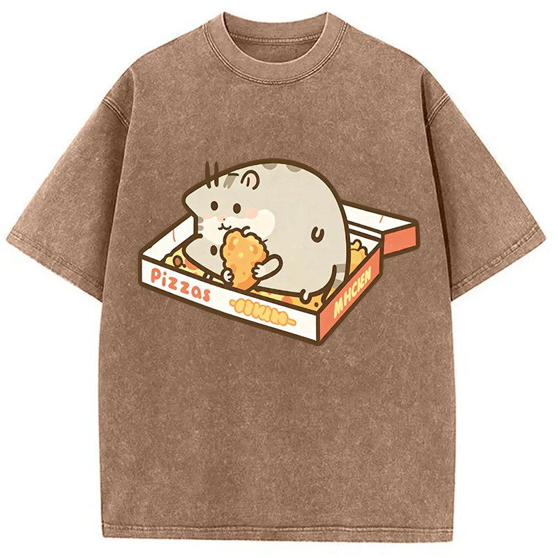 Modecanvas Cute Hamster Pizza DTG Printing Washed T-Shirt