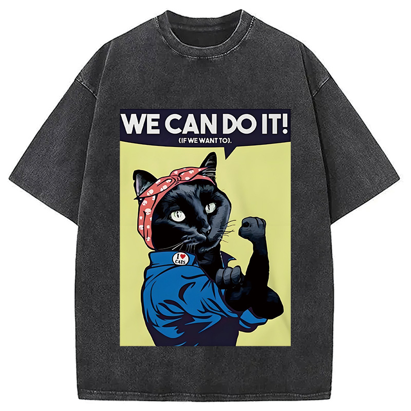 Modecanvas We Can Do It Moew Black Cat Washed T-Shirt