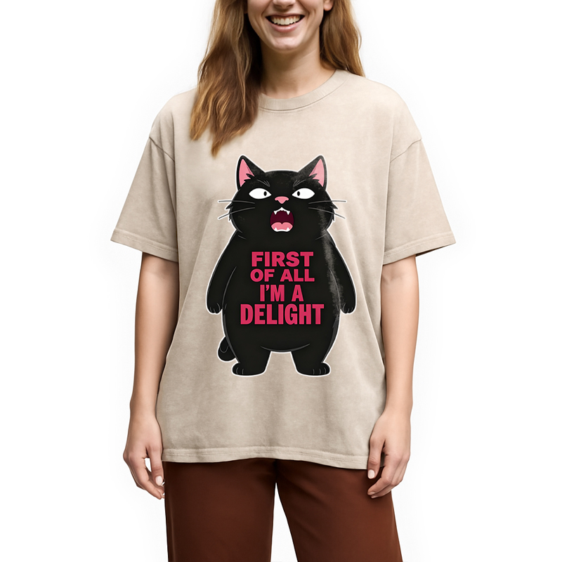 Modecanvas Shouting Black Cat DTG Printing Washed T-Shirt