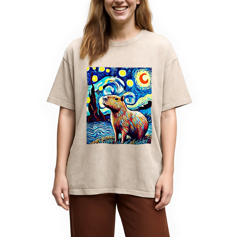 Modecanvas Capybara Starry Night Light Washed T-Shirt