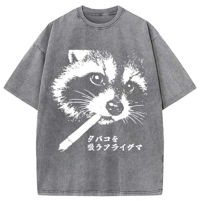 Modecanvas Somking Raccoon DTG Printing Washed T-Shirt-modecanvas