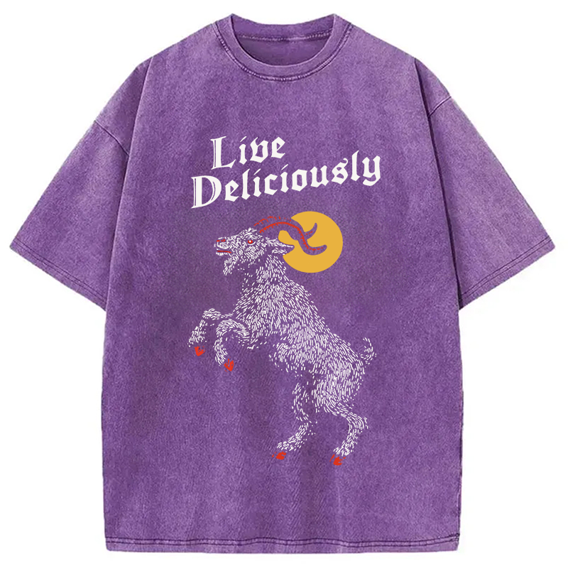 Modecanvas Black Philip Live Deliciously DTG Printing Washed T-Shirt