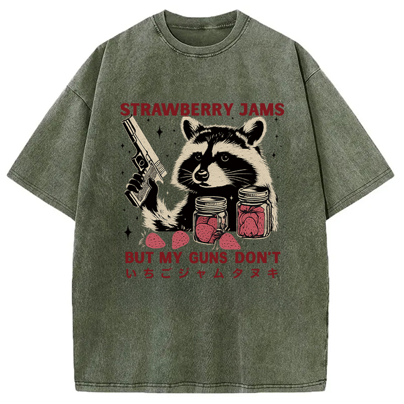 Modecanvas Strawberry Jams  Funny Raccoon Washed T-Shirt-modecanvas