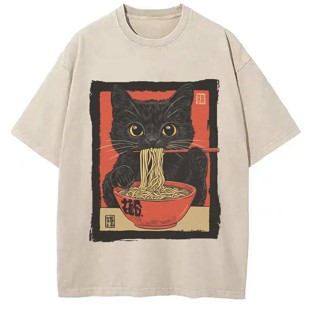 Modecanvas Kawaii Japanese Ramen Cat Vintage Washed T-Shirt