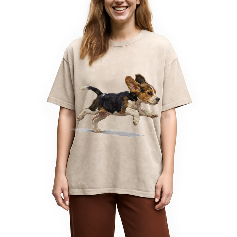 Modecanvas Funny Cute Running Beagle Puppy DTG Printing Washed T-Shirt