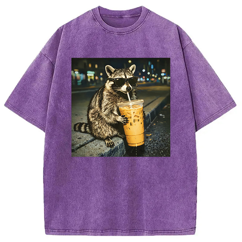 Modecanvas Racoon with a Ice Coffee Washed T-Shirt-modecanvas